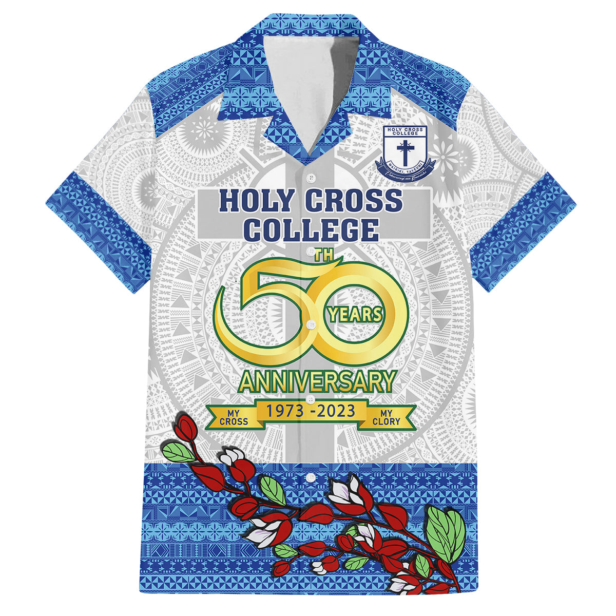 Fiji Holy Cross College Family Matching Off Shoulder Short Dress and Hawaiian Shirt Happy 50th Anniversary Fijian Tagimoucia Tapa Pattern LT14 Dad's Shirt - Short Sleeve White - Polynesian Pride
