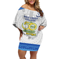 Fiji Holy Cross College Family Matching Off Shoulder Short Dress and Hawaiian Shirt Happy 50th Anniversary Fijian Tagimoucia Tapa Pattern LT14 Mom's Dress White - Polynesian Pride