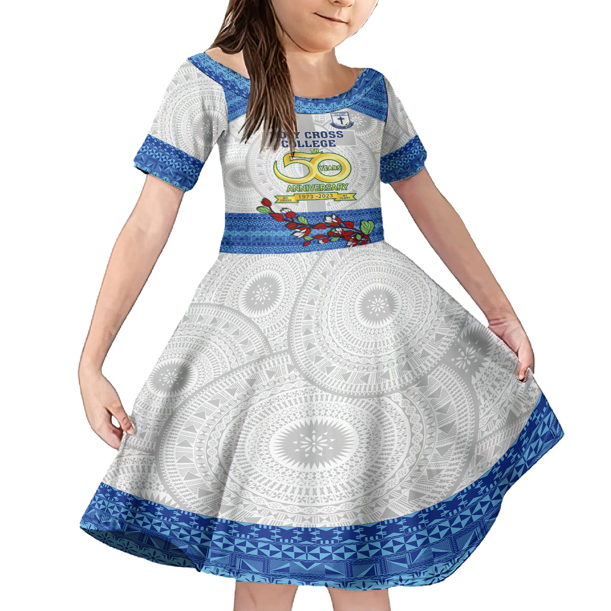 Fiji Holy Cross College Family Matching Summer Maxi Dress and Hawaiian Shirt Happy 50th Anniversary Fijian Tagimoucia Tapa Pattern LT14 Daughter's Dress White - Polynesian Pride
