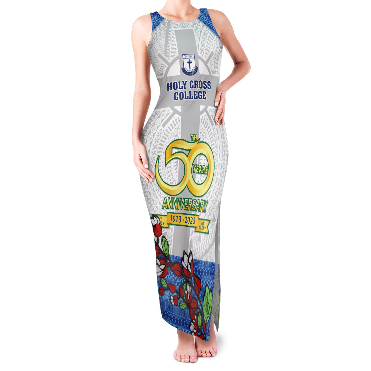 Fiji Holy Cross College Family Matching Tank Maxi Dress and Hawaiian Shirt Happy 50th Anniversary Fijian Tagimoucia Tapa Pattern LT14 Mom's Dress White - Polynesian Pride