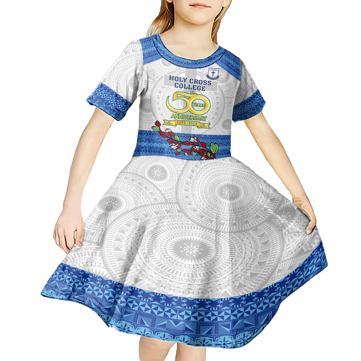 Fiji Holy Cross College Kid Short Sleeve Dress Happy 50th Anniversary Fijian Tagimoucia Tapa Pattern LT14 - Polynesian Pride
