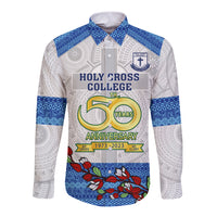 Fiji Holy Cross College Long Sleeve Button Shirt Happy 50th Anniversary Fijian Tagimoucia Tapa Pattern LT14 Unisex White - Polynesian Pride
