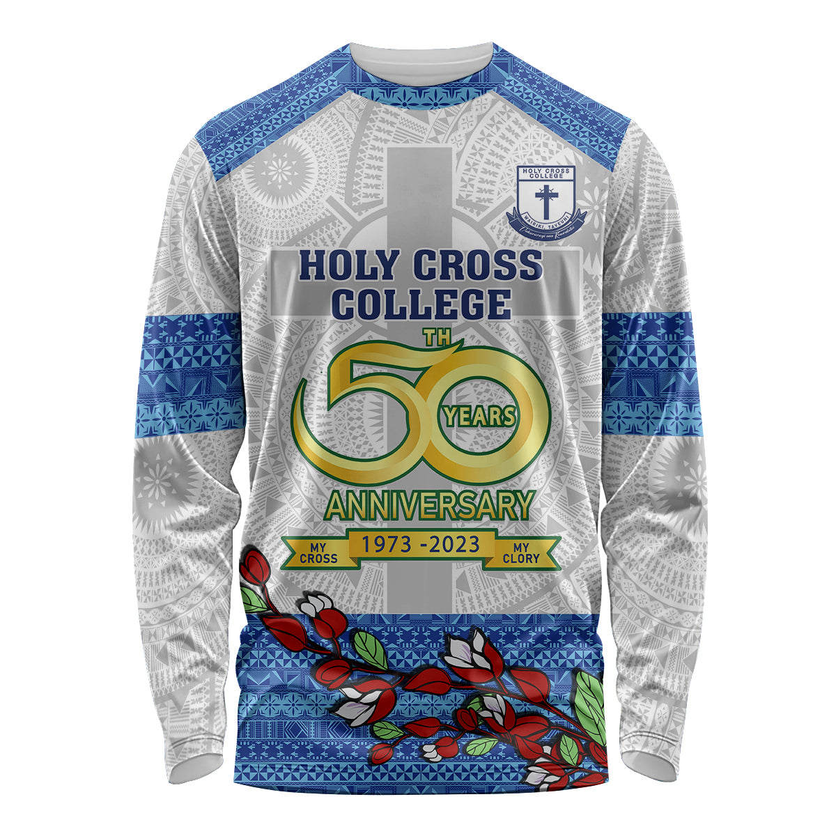 Fiji Holy Cross College Long Sleeve Shirt Happy 50th Anniversary Fijian Tagimoucia Tapa Pattern LT14 Unisex White - Polynesian Pride