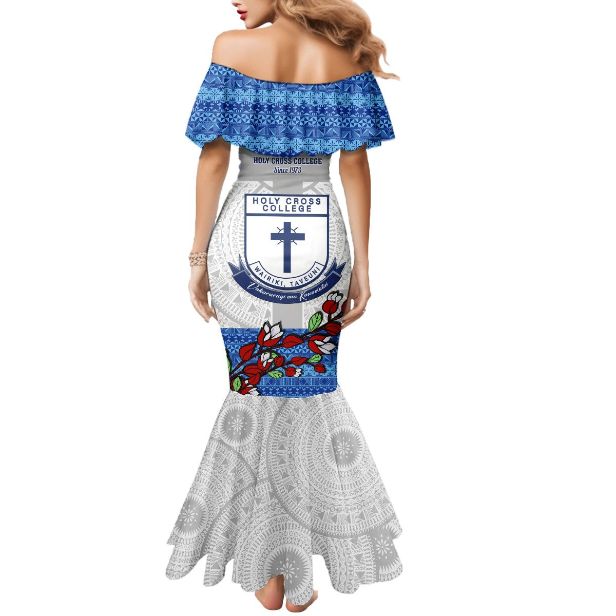 Fiji Holy Cross College Mermaid Dress Happy 50th Anniversary Fijian Tagimoucia Tapa Pattern LT14 - Polynesian Pride