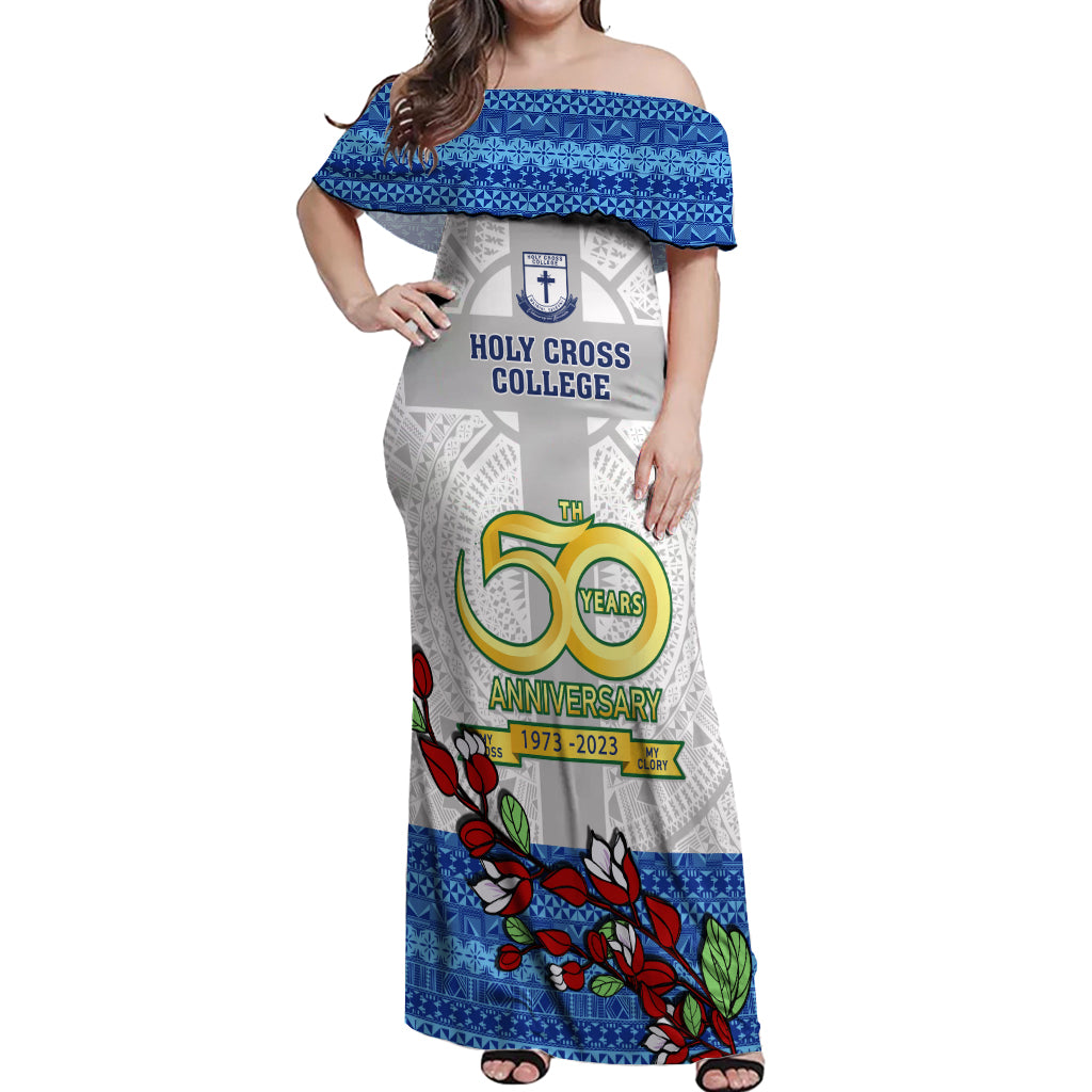 Fiji Holy Cross College Off Shoulder Maxi Dress Happy 50th Anniversary Fijian Tagimoucia Tapa Pattern LT14 Women White - Polynesian Pride