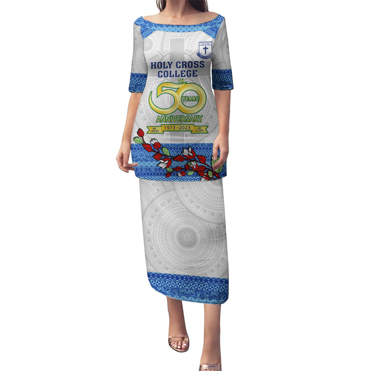 Fiji Holy Cross College Puletasi Happy 50th Anniversary Fijian Tagimoucia Tapa Pattern LT14 Long Dress White - Polynesian Pride
