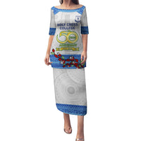 Fiji Holy Cross College Puletasi Happy 50th Anniversary Fijian Tagimoucia Tapa Pattern LT14 Long Dress White - Polynesian Pride