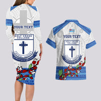 Personalised Fiji Holy Cross College Couples Matching Long Sleeve Bodycon Dress and Hawaiian Shirt Happy 50th Anniversary Fijian Tagimoucia Tapa Pattern LT14 - Polynesian Pride