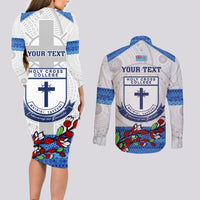 Personalised Fiji Holy Cross College Couples Matching Long Sleeve Bodycon Dress and Long Sleeve Button Shirts Happy 50th Anniversary Fijian Tagimoucia Tapa Pattern LT14 - Polynesian Pride