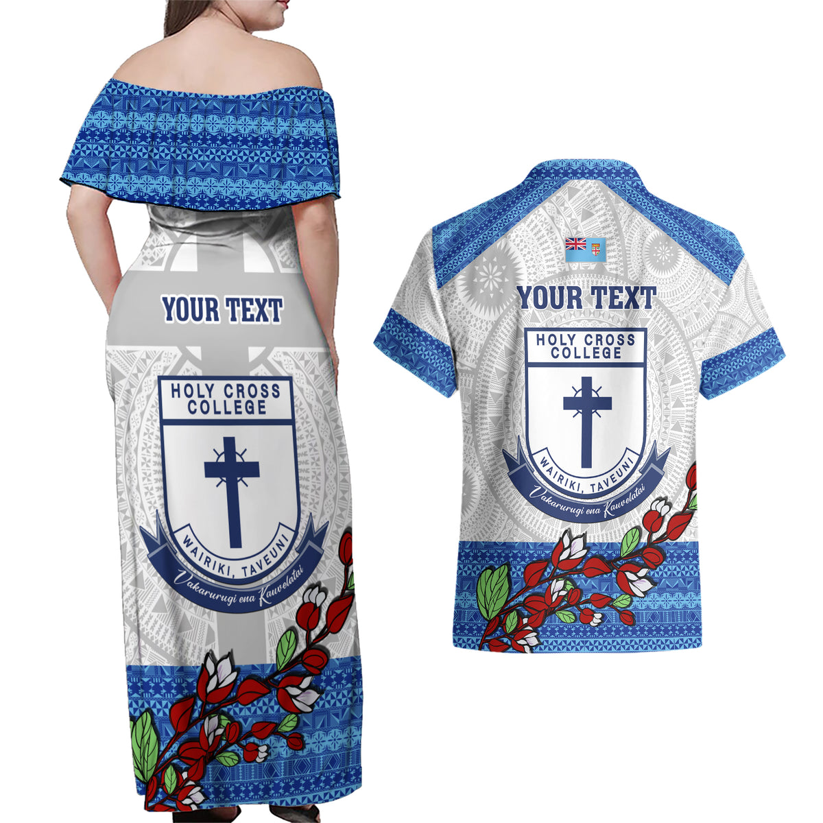 Personalised Fiji Holy Cross College Couples Matching Off Shoulder Maxi Dress and Hawaiian Shirt Happy 50th Anniversary Fijian Tagimoucia Tapa Pattern LT14 - Polynesian Pride