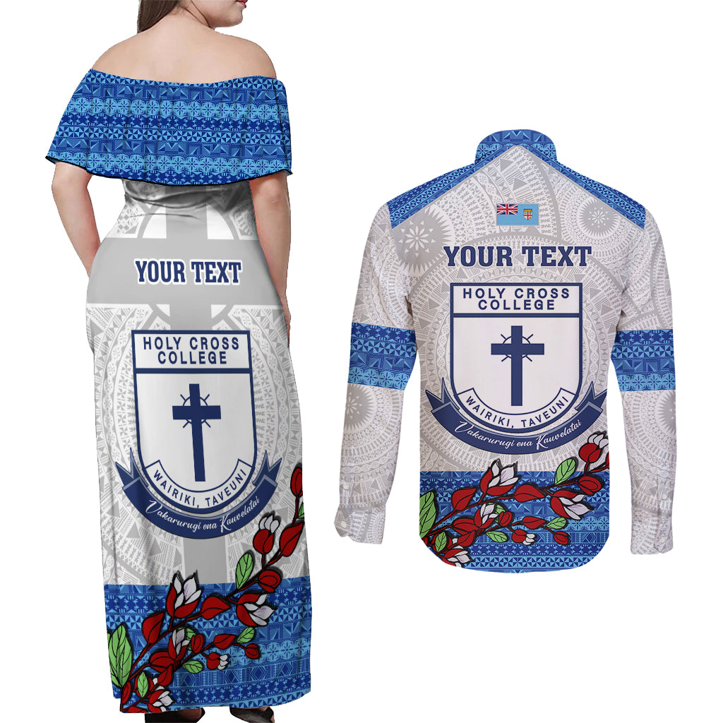 Personalised Fiji Holy Cross College Couples Matching Off Shoulder Maxi Dress and Long Sleeve Button Shirts Happy 50th Anniversary Fijian Tagimoucia Tapa Pattern LT14 - Polynesian Pride