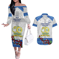 Personalised Fiji Holy Cross College Couples Matching Off The Shoulder Long Sleeve Dress and Hawaiian Shirt Happy 50th Anniversary Fijian Tagimoucia Tapa Pattern LT14 White - Polynesian Pride