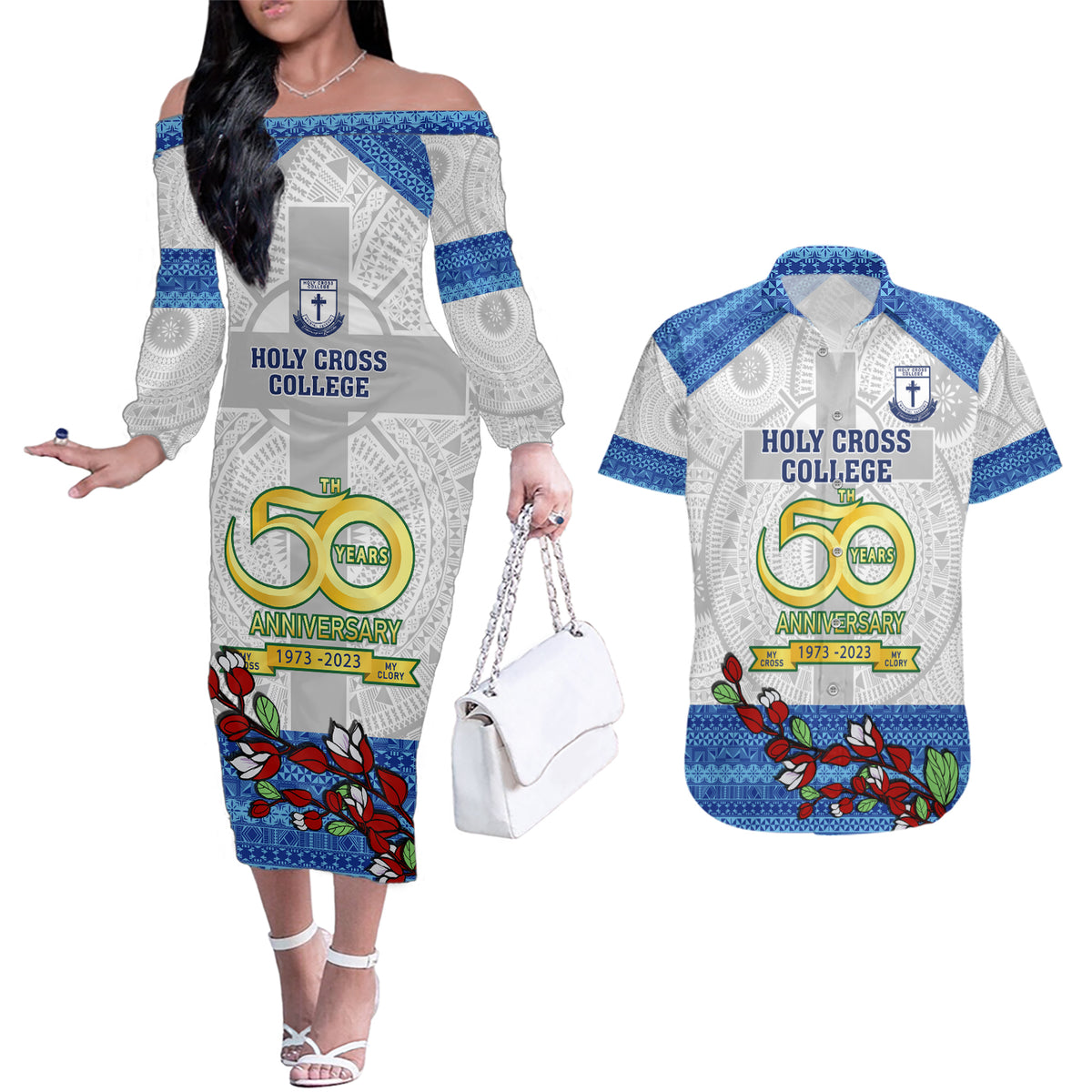 Personalised Fiji Holy Cross College Couples Matching Off The Shoulder Long Sleeve Dress and Hawaiian Shirt Happy 50th Anniversary Fijian Tagimoucia Tapa Pattern LT14 White - Polynesian Pride