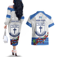 Personalised Fiji Holy Cross College Couples Matching Off The Shoulder Long Sleeve Dress and Hawaiian Shirt Happy 50th Anniversary Fijian Tagimoucia Tapa Pattern LT14 - Polynesian Pride