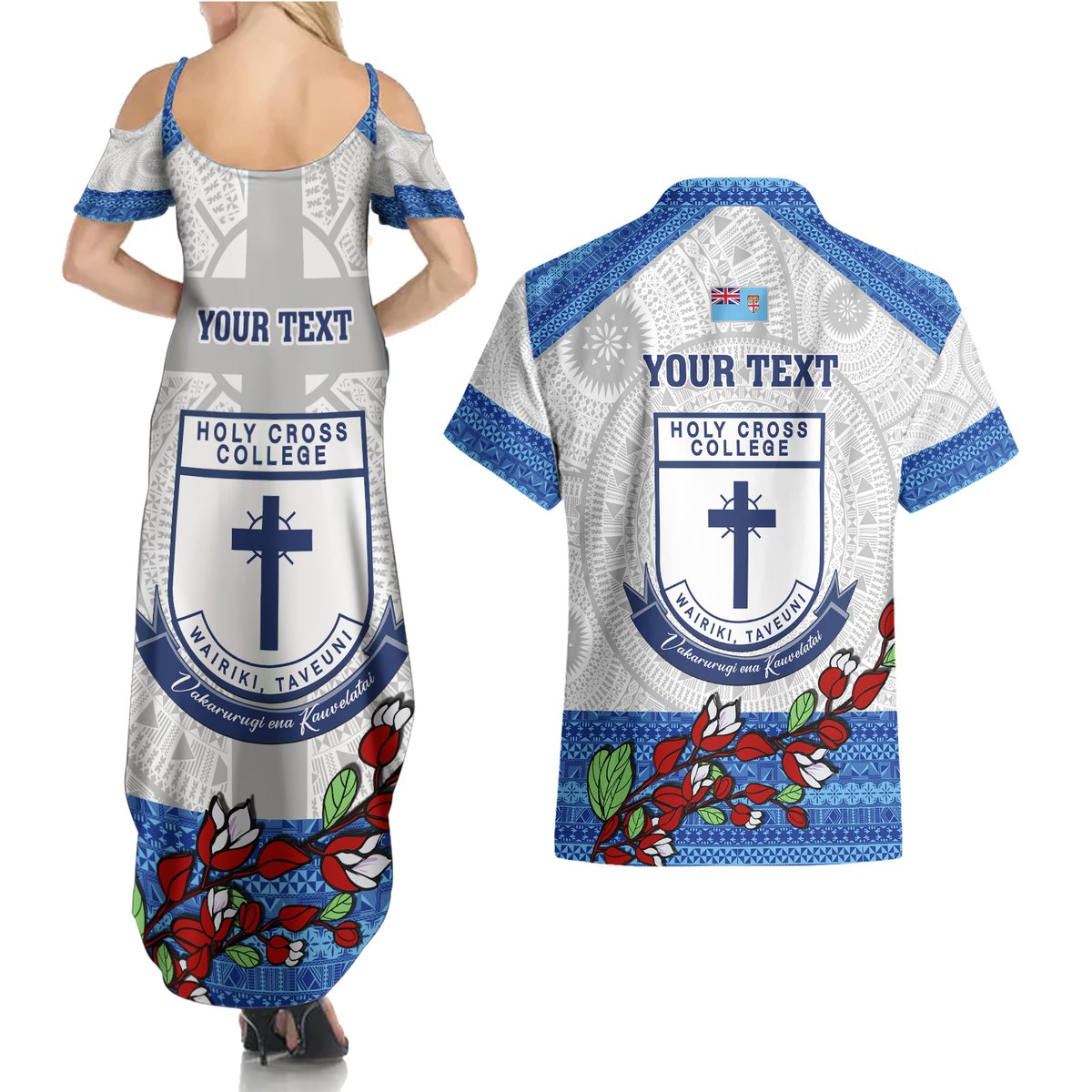 Personalised Fiji Holy Cross College Couples Matching Summer Maxi Dress and Hawaiian Shirt Happy 50th Anniversary Fijian Tagimoucia Tapa Pattern LT14 - Polynesian Pride