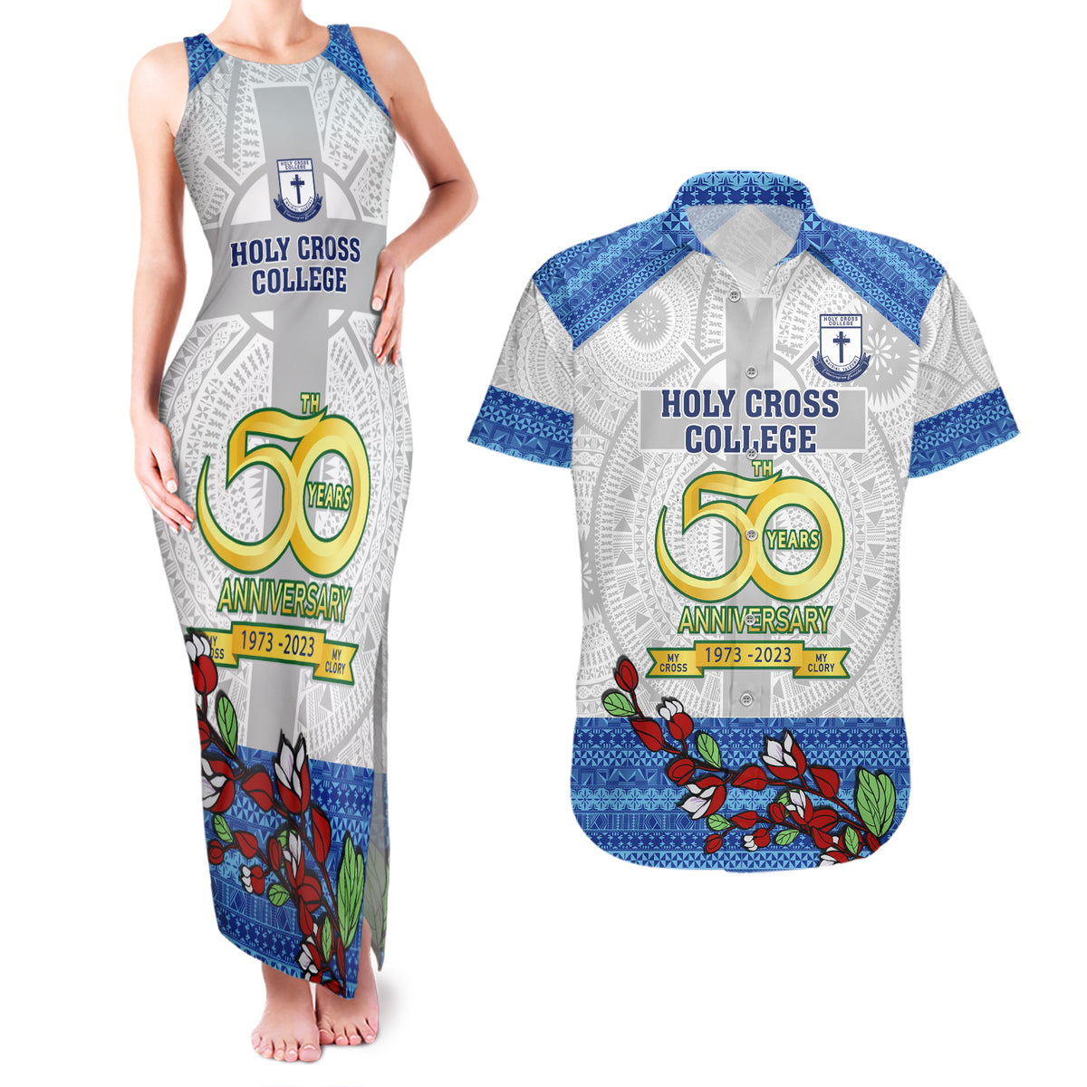 Personalised Fiji Holy Cross College Couples Matching Tank Maxi Dress and Hawaiian Shirt Happy 50th Anniversary Fijian Tagimoucia Tapa Pattern LT14 White - Polynesian Pride