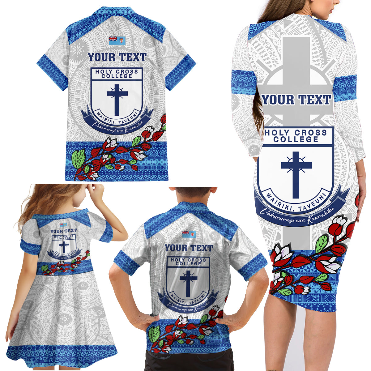Personalised Fiji Holy Cross College Family Matching Long Sleeve Bodycon Dress and Hawaiian Shirt Happy 50th Anniversary Fijian Tagimoucia Tapa Pattern LT14 - Polynesian Pride