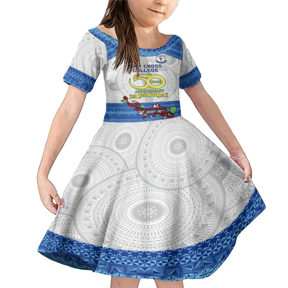 Personalised Fiji Holy Cross College Family Matching Mermaid Dress and Hawaiian Shirt Happy 50th Anniversary Fijian Tagimoucia Tapa Pattern LT14 Daughter's Dress White - Polynesian Pride