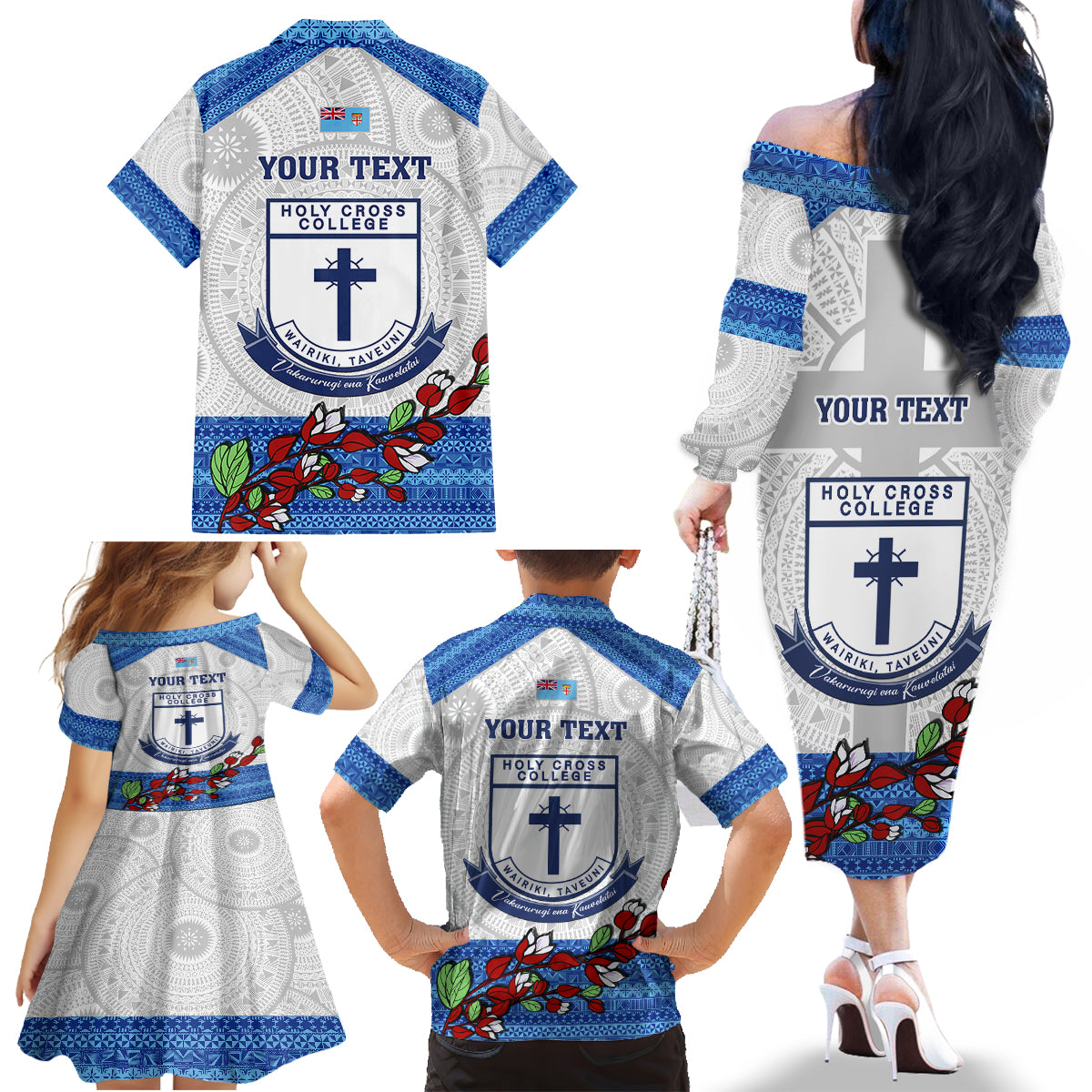 Personalised Fiji Holy Cross College Family Matching Off Shoulder Long Sleeve Dress and Hawaiian Shirt Happy 50th Anniversary Fijian Tagimoucia Tapa Pattern LT14 - Polynesian Pride