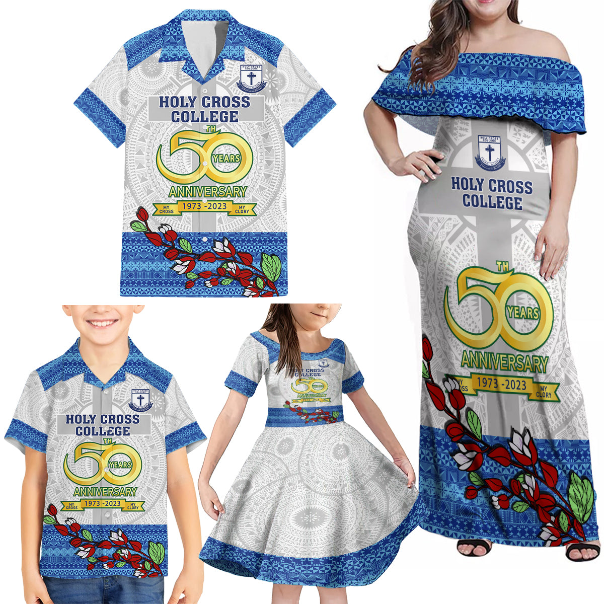 Personalised Fiji Holy Cross College Family Matching Off Shoulder Maxi Dress and Hawaiian Shirt Happy 50th Anniversary Fijian Tagimoucia Tapa Pattern LT14 - Polynesian Pride