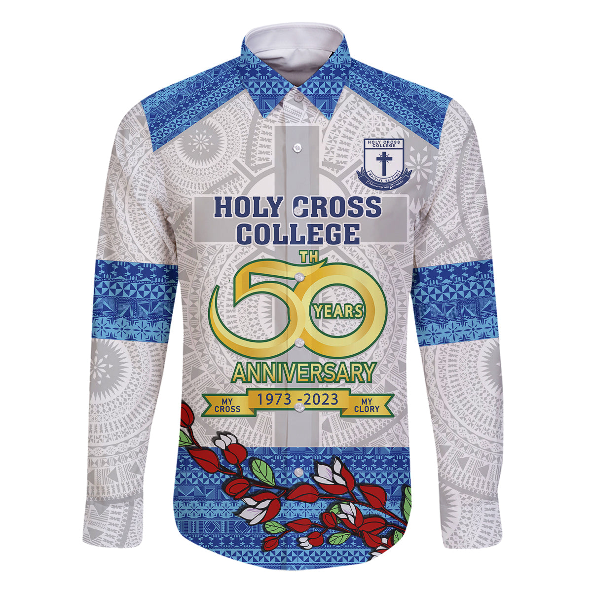 Personalised Fiji Holy Cross College Family Matching Off Shoulder Maxi Dress and Hawaiian Shirt Happy 50th Anniversary Fijian Tagimoucia Tapa Pattern LT14 Dad's Shirt - Long Sleeve White - Polynesian Pride