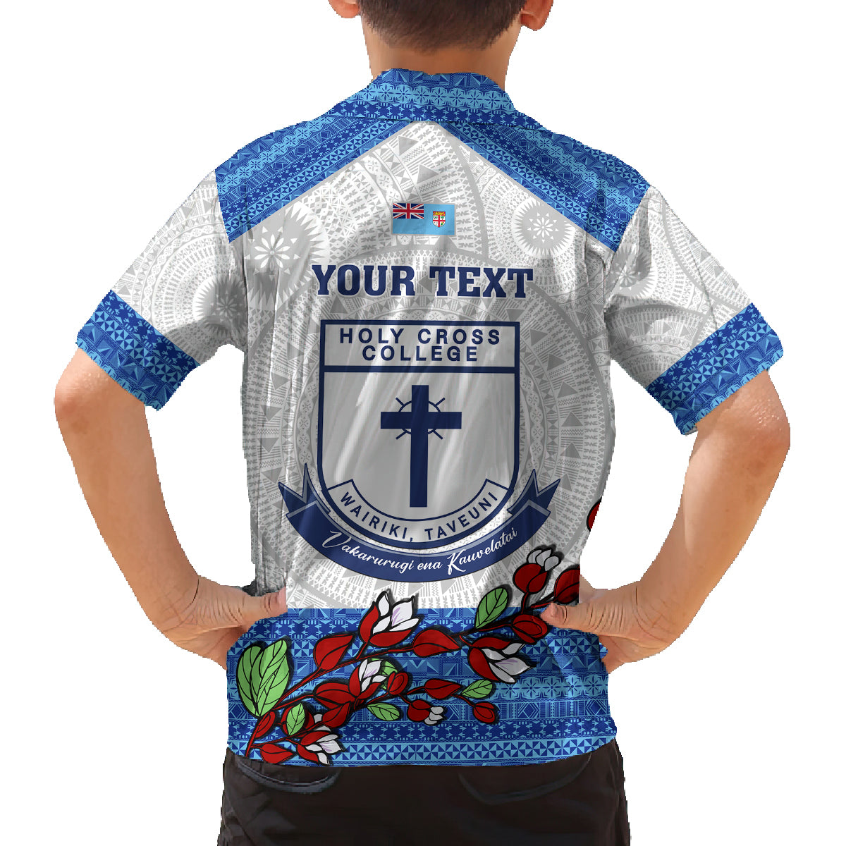 Personalised Fiji Holy Cross College Family Matching Off Shoulder Short Dress and Hawaiian Shirt Happy 50th Anniversary Fijian Tagimoucia Tapa Pattern LT14 - Polynesian Pride