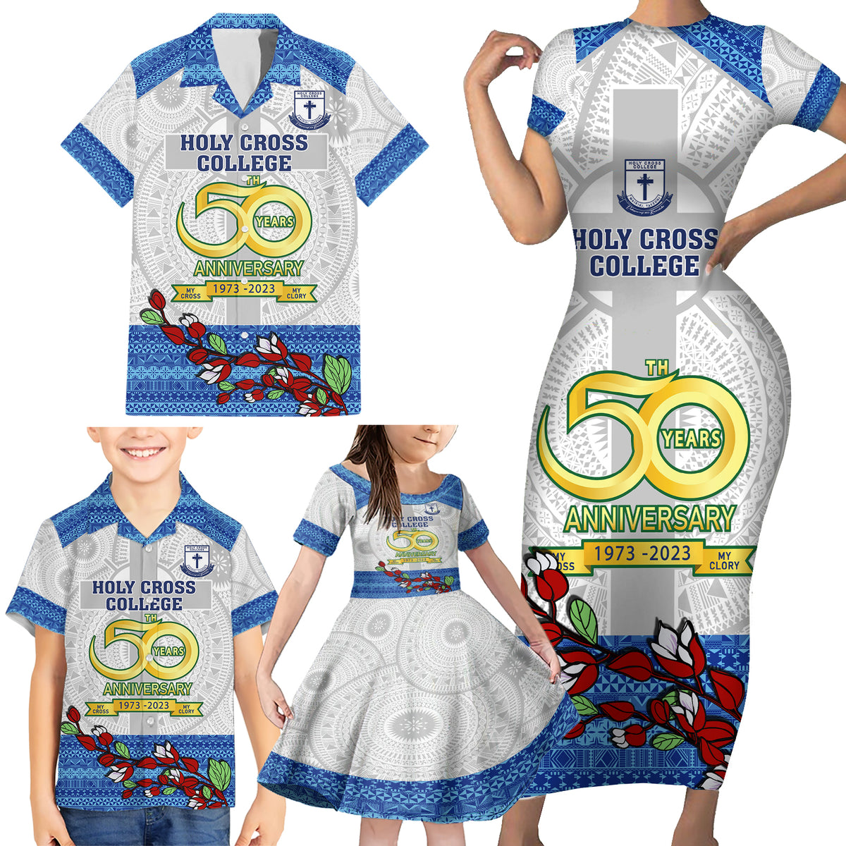 Personalised Fiji Holy Cross College Family Matching Short Sleeve Bodycon Dress and Hawaiian Shirt Happy 50th Anniversary Fijian Tagimoucia Tapa Pattern LT14 - Polynesian Pride