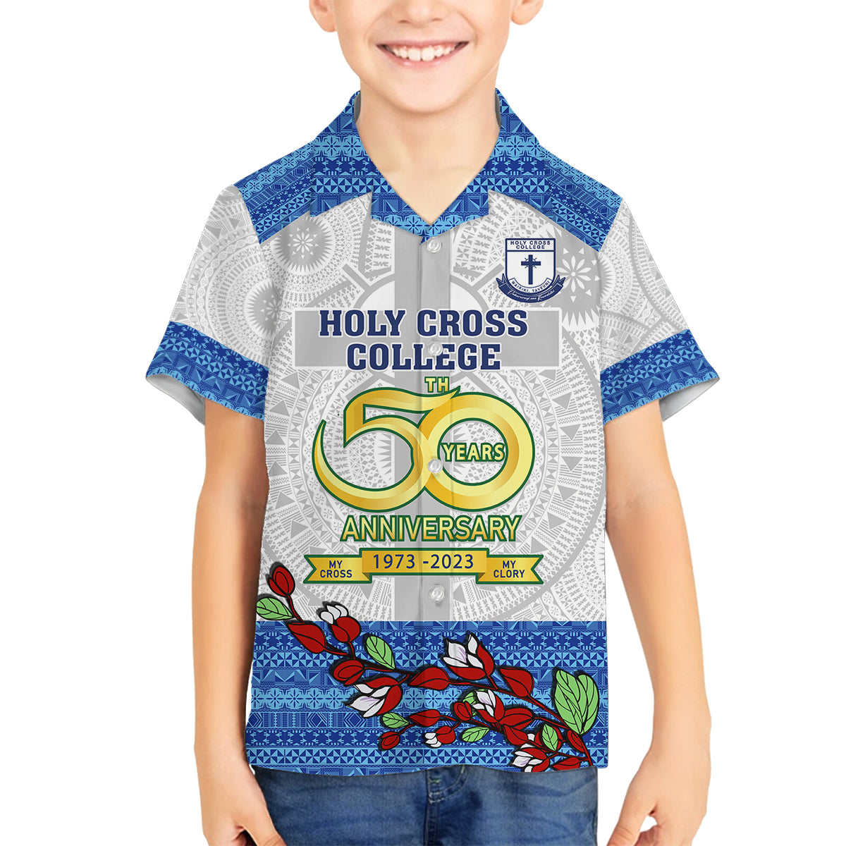Personalised Fiji Holy Cross College Family Matching Summer Maxi Dress and Hawaiian Shirt Happy 50th Anniversary Fijian Tagimoucia Tapa Pattern LT14 Son's Shirt White - Polynesian Pride