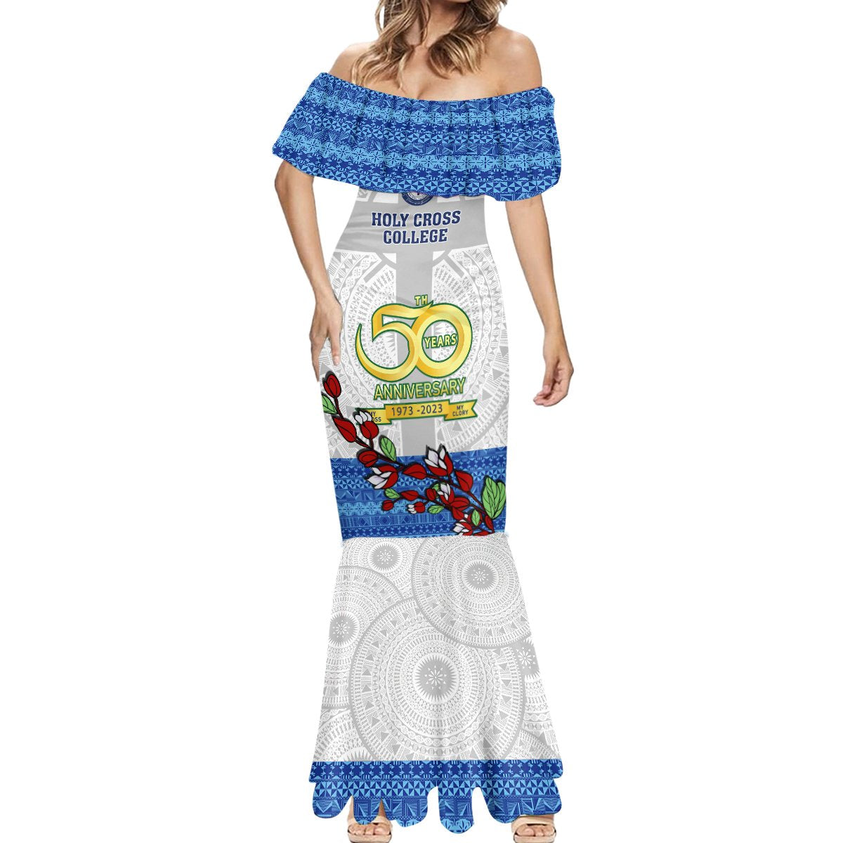 Personalised Fiji Holy Cross College Mermaid Dress Happy 50th Anniversary Fijian Tagimoucia Tapa Pattern LT14 - Polynesian Pride