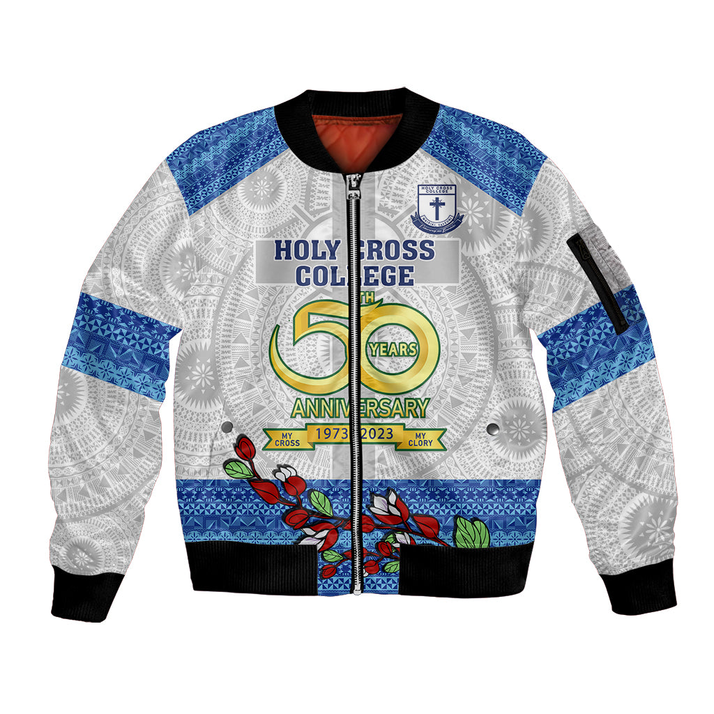 Personalised Fiji Holy Cross College Sleeve Zip Bomber Jacket Happy 50th Anniversary Fijian Tagimoucia Tapa Pattern LT14 Unisex White - Polynesian Pride