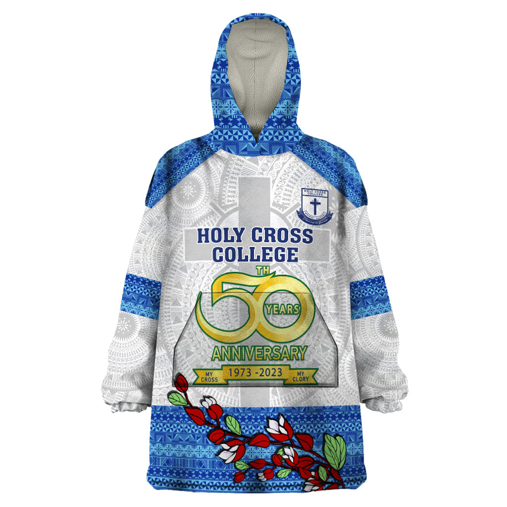 Personalised Fiji Holy Cross College Wearable Blanket Hoodie Happy 50th Anniversary Fijian Tagimoucia Tapa Pattern LT14 One Size White - Polynesian Pride