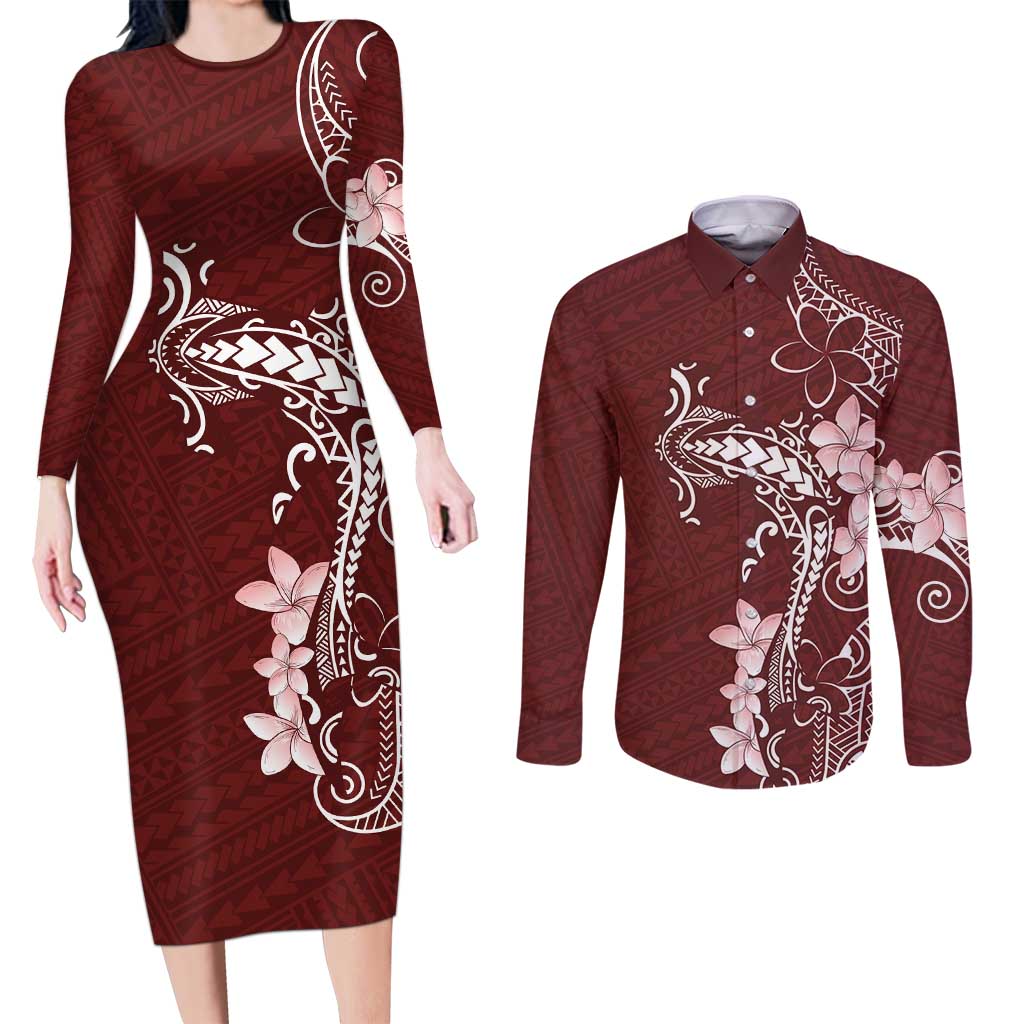 Oxblood Hawaii Couples Matching Long Sleeve Bodycon Dress and Long Sleeve Button Shirt Hammerhead Shark Tattoo Curve Polynesian LT14 Oxblood - Polynesian Pride