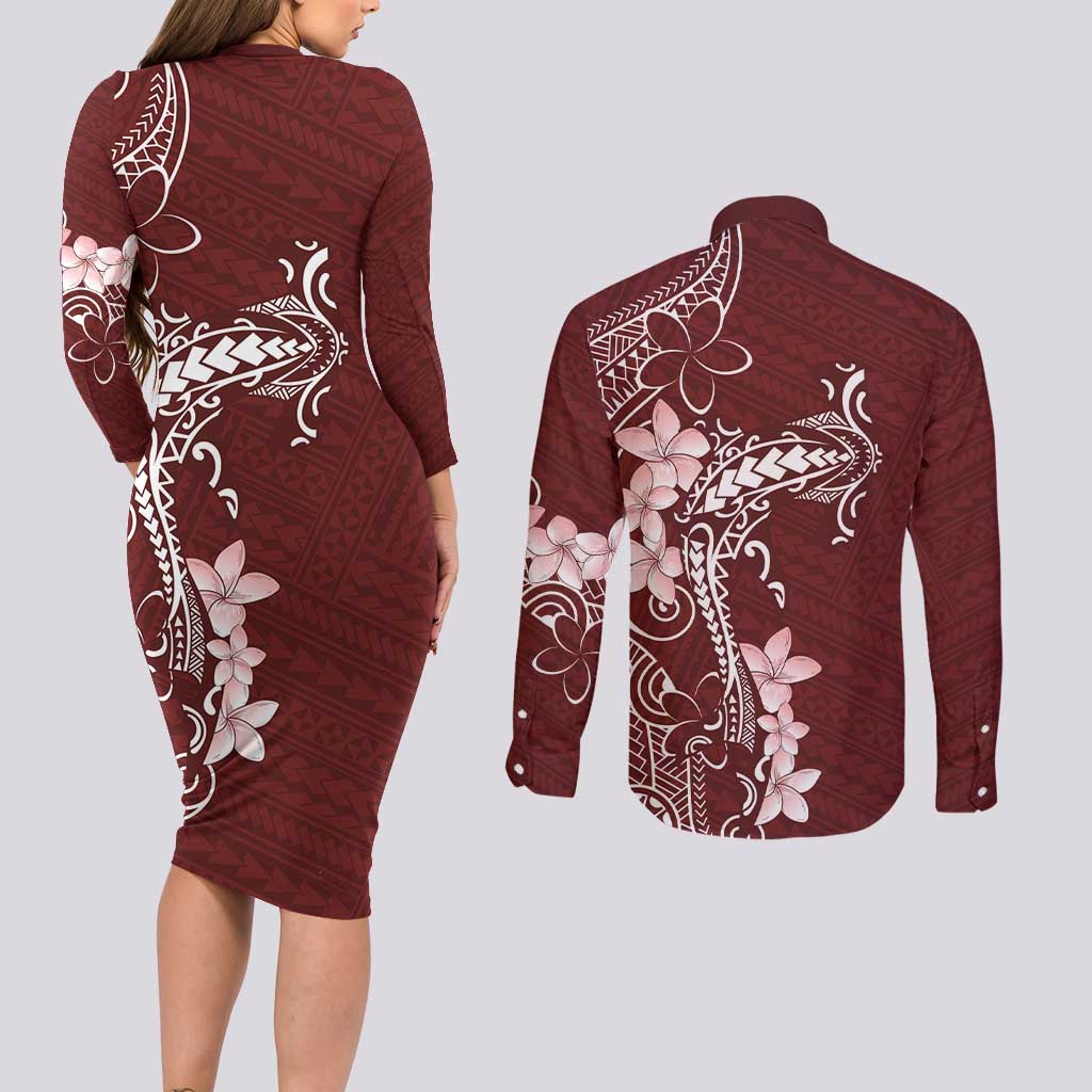 Oxblood Hawaii Couples Matching Long Sleeve Bodycon Dress and Long Sleeve Button Shirt Hammerhead Shark Tattoo Curve Polynesian LT14 - Polynesian Pride