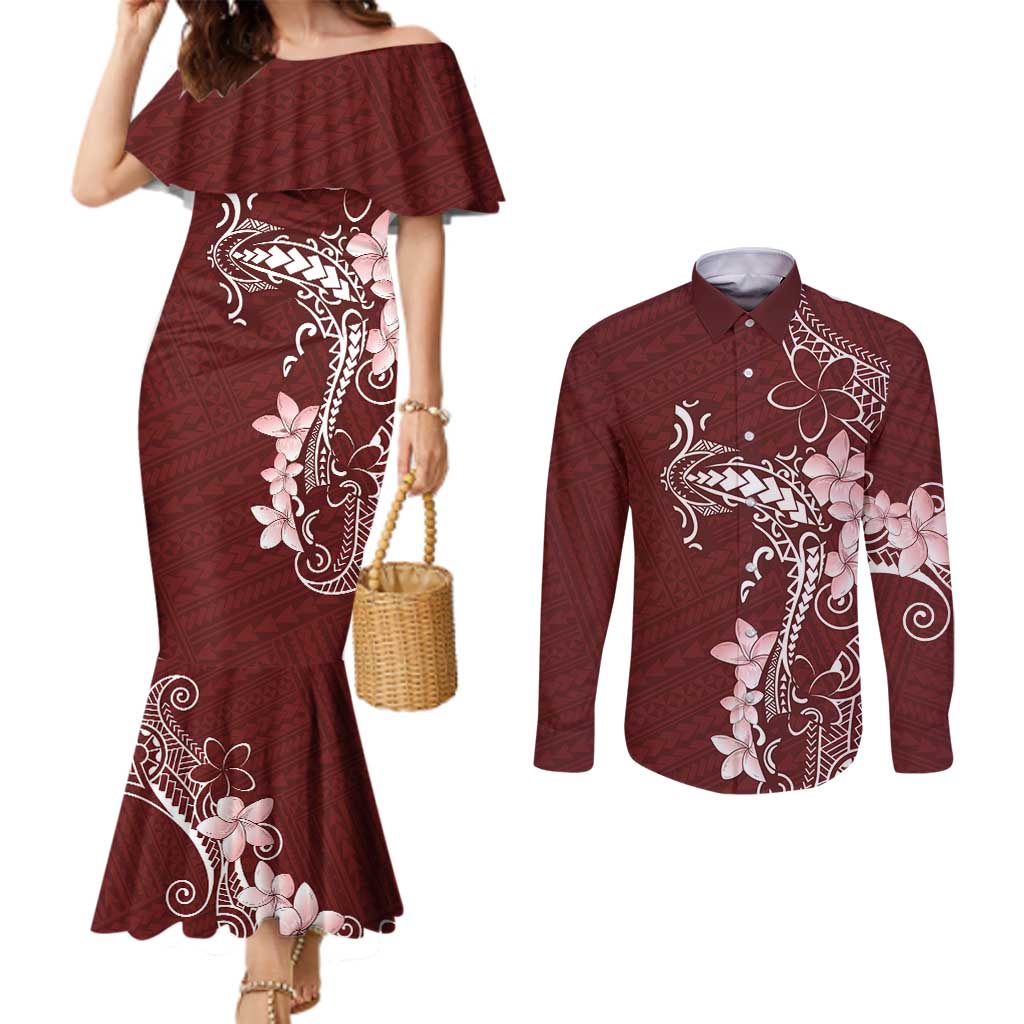 Oxblood Hawaii Couples Matching Mermaid Dress and Long Sleeve Button Shirt Hammerhead Shark Tattoo Curve Polynesian LT14 Oxblood - Polynesian Pride