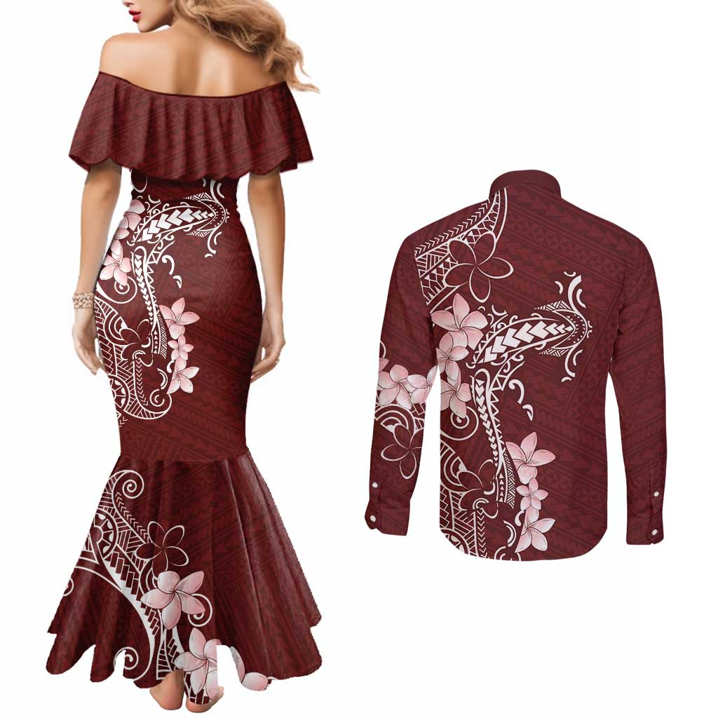 Oxblood Hawaii Couples Matching Mermaid Dress and Long Sleeve Button Shirt Hammerhead Shark Tattoo Curve Polynesian LT14 - Polynesian Pride