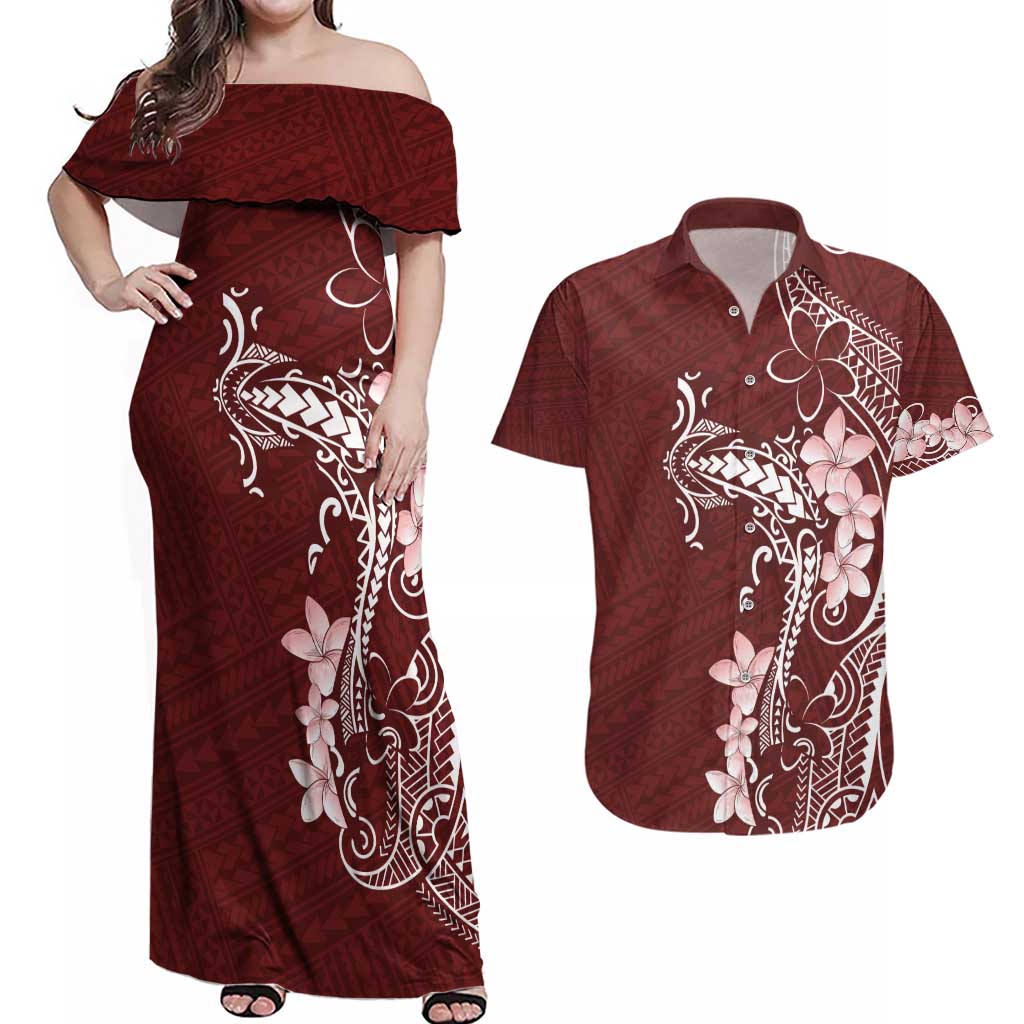 Oxblood Hawaii Couples Matching Off Shoulder Maxi Dress and Hawaiian Shirt Hammerhead Shark Tattoo Curve Polynesian LT14 Oxblood - Polynesian Pride