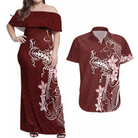 Oxblood Hawaii Couples Matching Off Shoulder Maxi Dress and Hawaiian Shirt Hammerhead Shark Tattoo Curve Polynesian LT14 Oxblood - Polynesian Pride