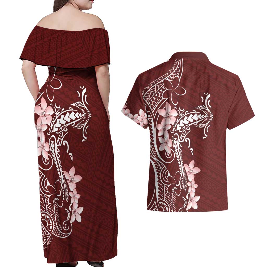 Oxblood Hawaii Couples Matching Off Shoulder Maxi Dress and Hawaiian Shirt Hammerhead Shark Tattoo Curve Polynesian LT14 - Polynesian Pride