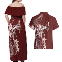 Oxblood Hawaii Couples Matching Off Shoulder Maxi Dress and Hawaiian Shirt Hammerhead Shark Tattoo Curve Polynesian LT14 - Polynesian Pride