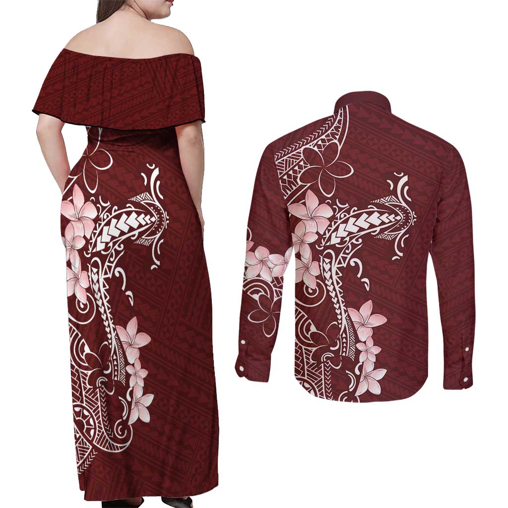 Oxblood Hawaii Couples Matching Off Shoulder Maxi Dress and Long Sleeve Button Shirt Hammerhead Shark Tattoo Curve Polynesian LT14 - Polynesian Pride