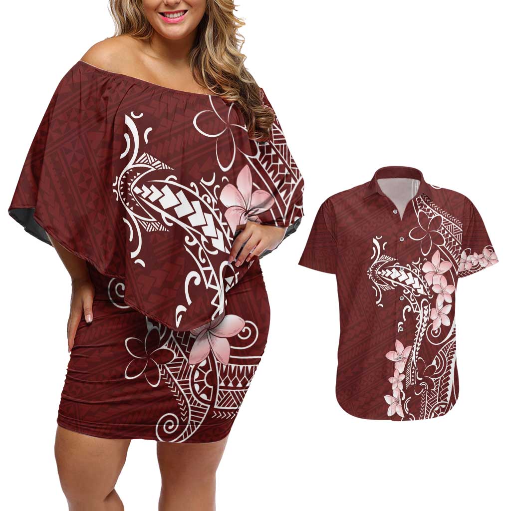 Oxblood Hawaii Couples Matching Off Shoulder Short Dress and Hawaiian Shirt Hammerhead Shark Tattoo Curve Polynesian LT14 Oxblood - Polynesian Pride