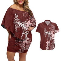 Oxblood Hawaii Couples Matching Off Shoulder Short Dress and Hawaiian Shirt Hammerhead Shark Tattoo Curve Polynesian LT14 Oxblood - Polynesian Pride