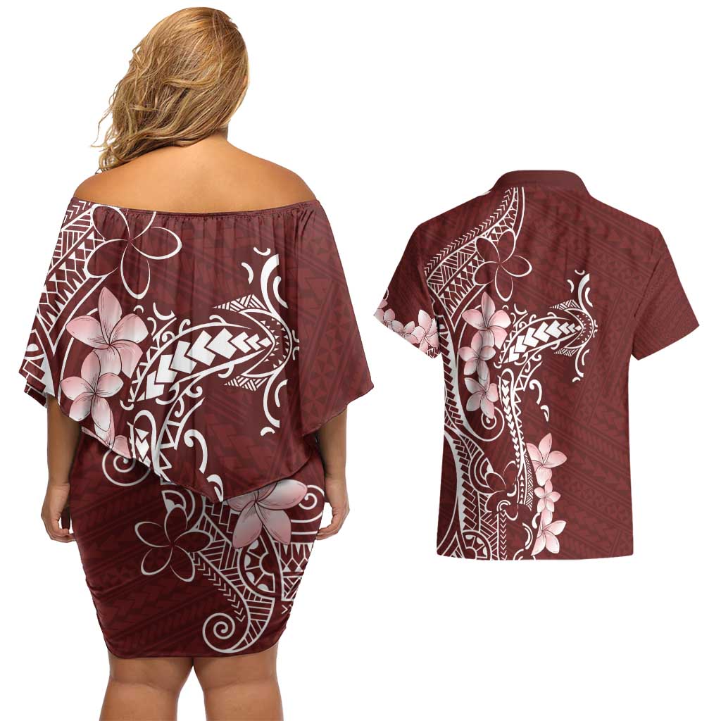 Oxblood Hawaii Couples Matching Off Shoulder Short Dress and Hawaiian Shirt Hammerhead Shark Tattoo Curve Polynesian LT14 - Polynesian Pride