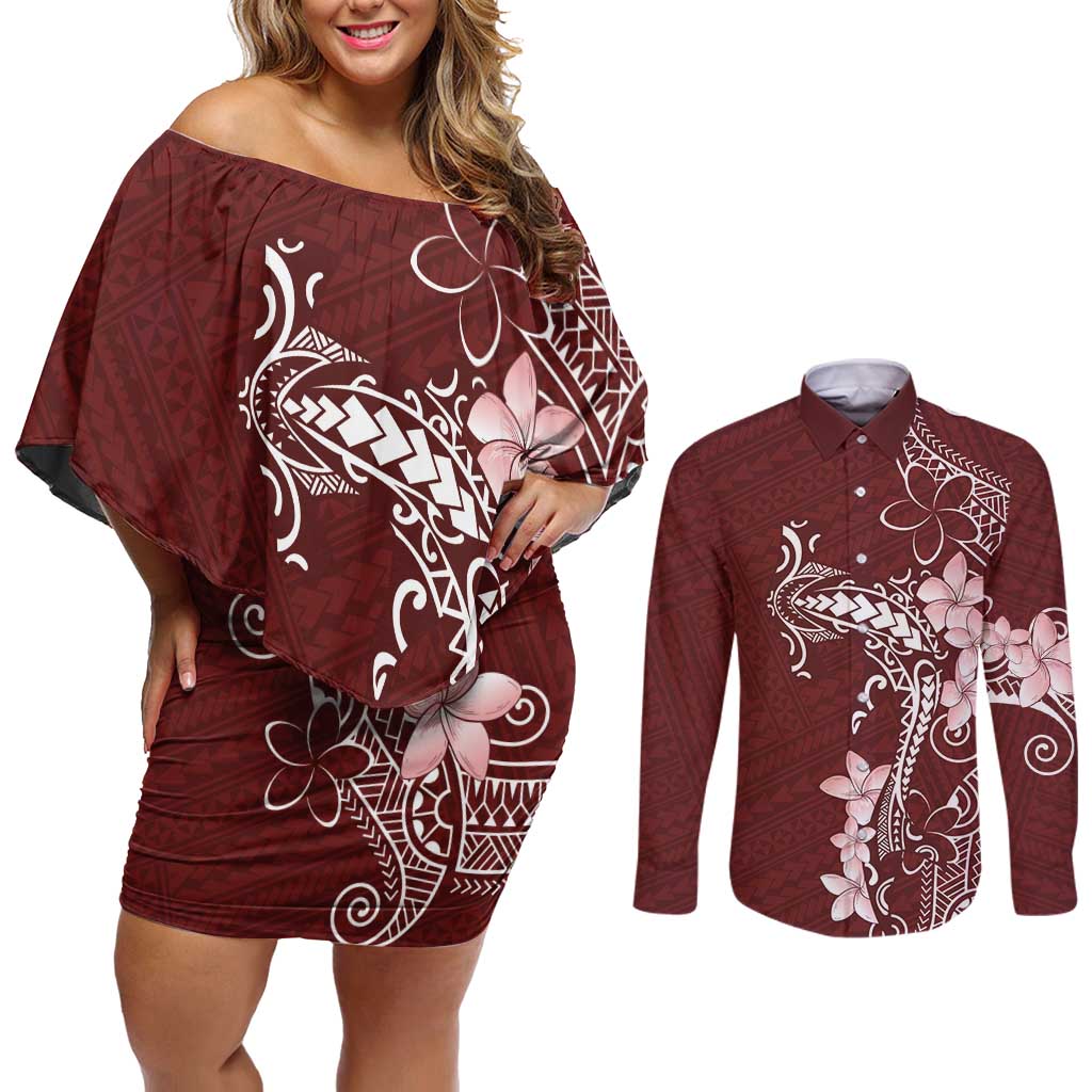 Oxblood Hawaii Couples Matching Off Shoulder Short Dress and Long Sleeve Button Shirt Hammerhead Shark Tattoo Curve Polynesian LT14 Oxblood - Polynesian Pride