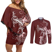 Oxblood Hawaii Couples Matching Off Shoulder Short Dress and Long Sleeve Button Shirt Hammerhead Shark Tattoo Curve Polynesian LT14 Oxblood - Polynesian Pride