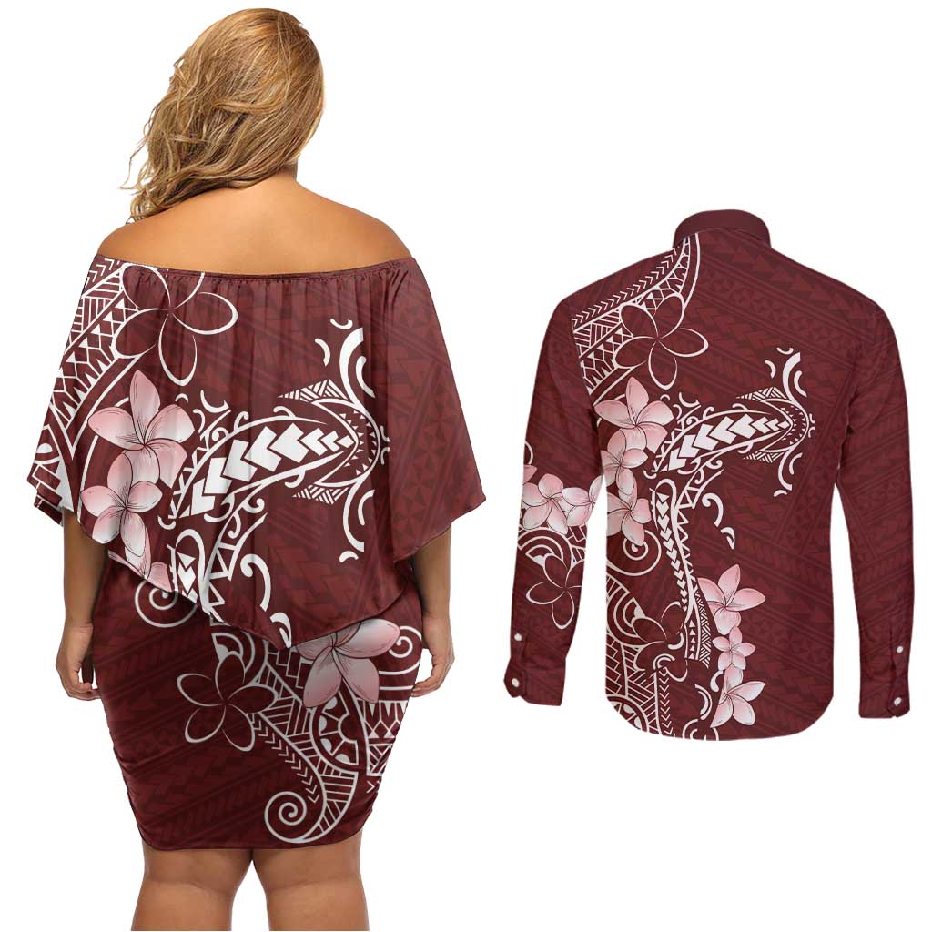 Oxblood Hawaii Couples Matching Off Shoulder Short Dress and Long Sleeve Button Shirt Hammerhead Shark Tattoo Curve Polynesian LT14 - Polynesian Pride