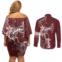 Oxblood Hawaii Couples Matching Off Shoulder Short Dress and Long Sleeve Button Shirt Hammerhead Shark Tattoo Curve Polynesian LT14 - Polynesian Pride