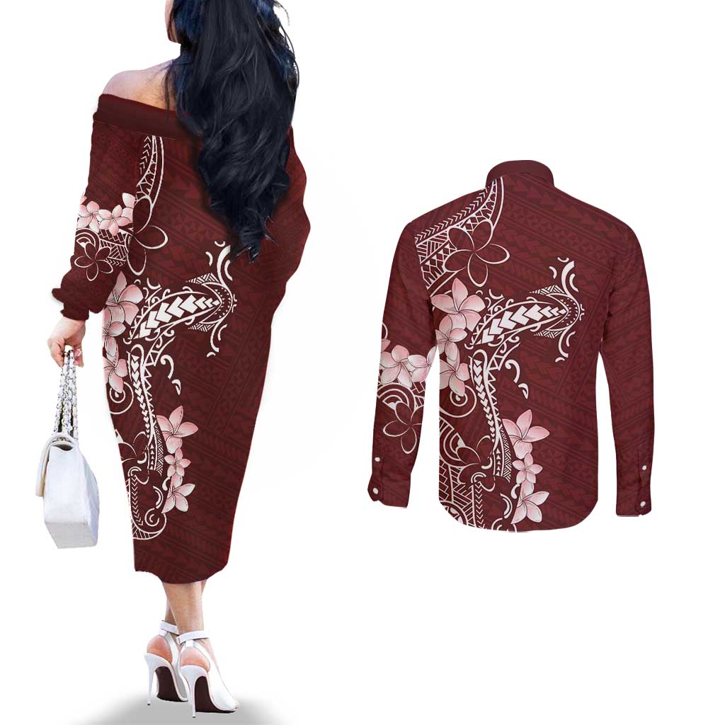 Oxblood Hawaii Couples Matching Off The Shoulder Long Sleeve Dress and Long Sleeve Button Shirt Hammerhead Shark Tattoo Curve Polynesian LT14 - Polynesian Pride