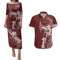 Oxblood Hawaii Couples Matching Puletasi and Hawaiian Shirt Hammerhead Shark Tattoo Curve Polynesian LT14 Oxblood - Polynesian Pride