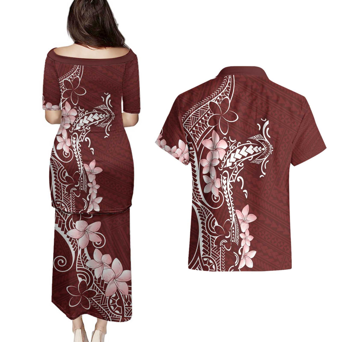 Oxblood Hawaii Couples Matching Puletasi and Hawaiian Shirt Hammerhead Shark Tattoo Curve Polynesian LT14 - Polynesian Pride